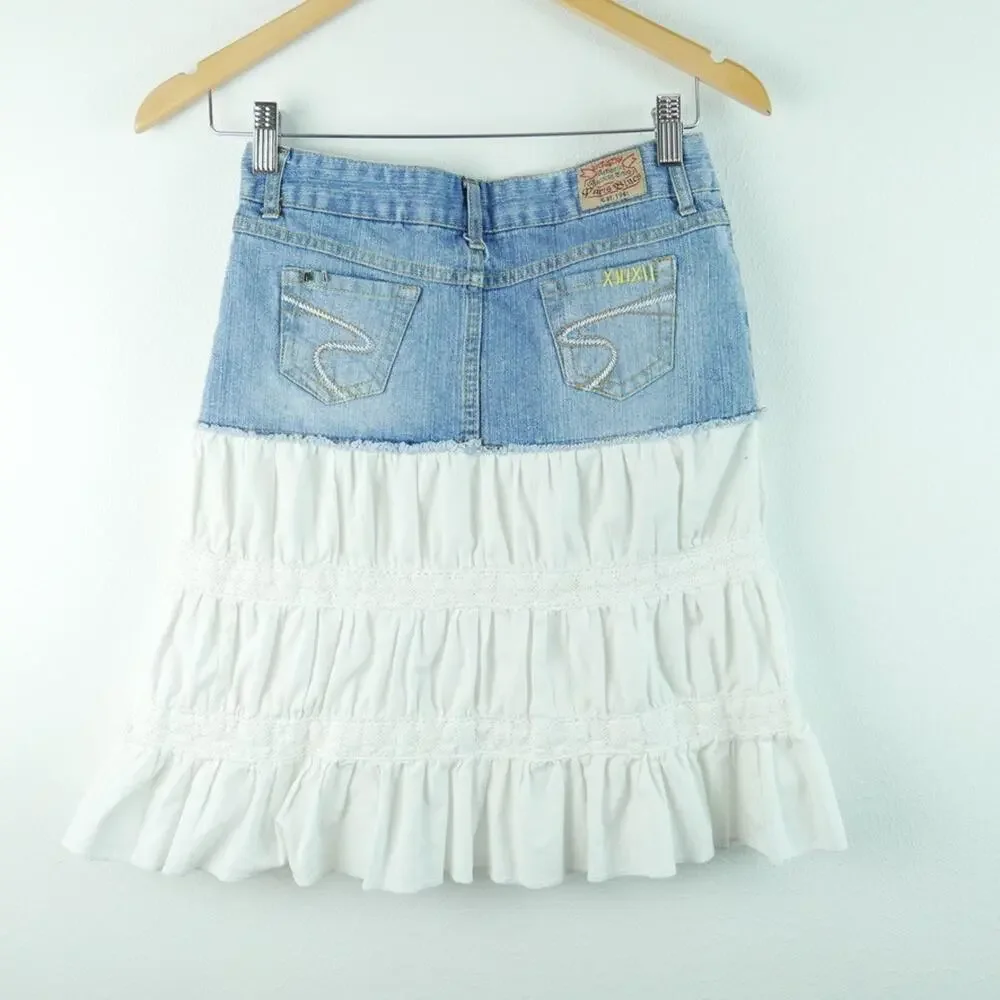 Vintage Y2K Mixed Media Denim Skirt Tiered Lace Western Coastal Cowgirl XS‎ S